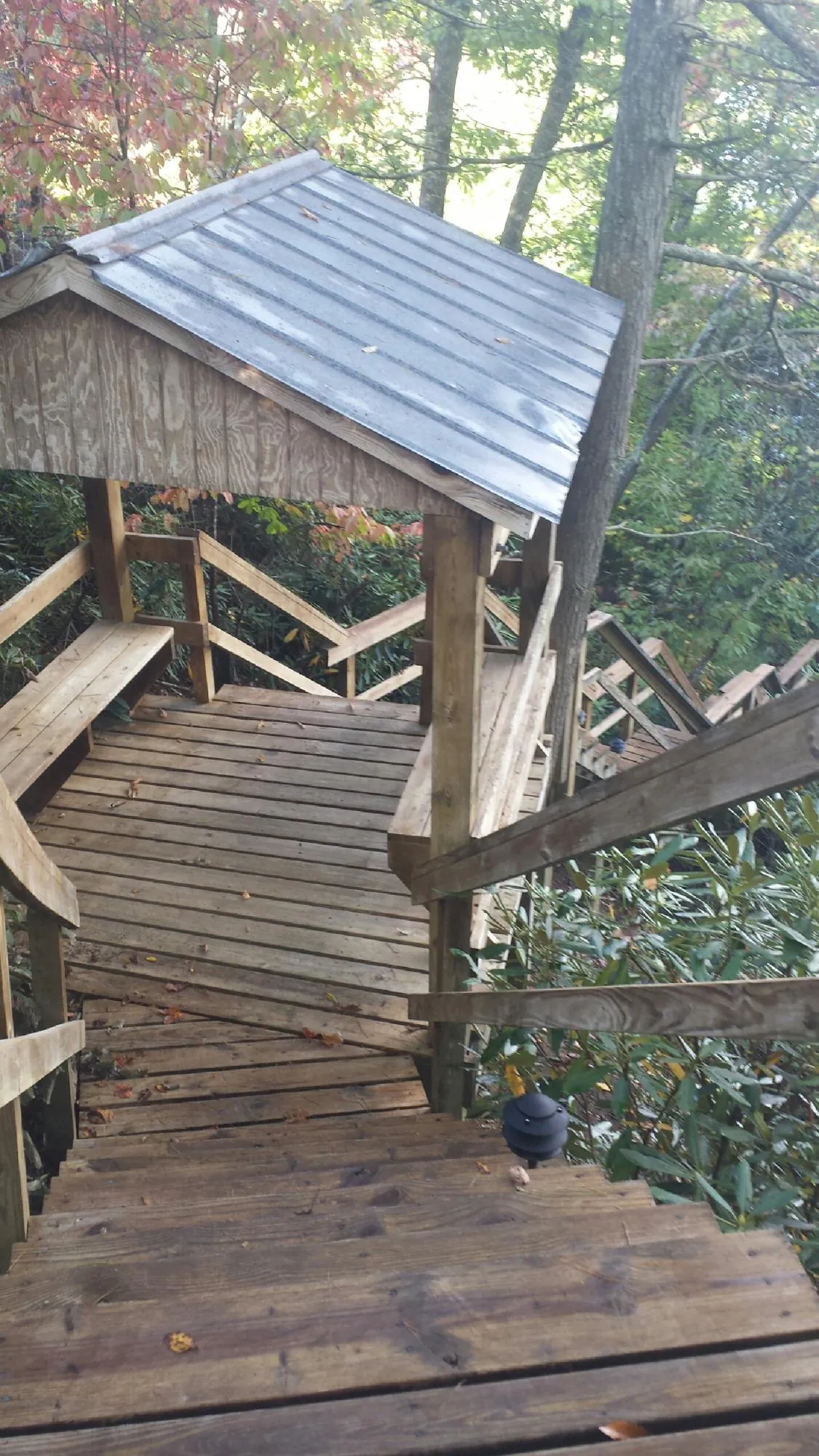 Metal roofed shelter over wooden steps on a wooded walkway — Skylight Repair & Installation work by our crew in Media